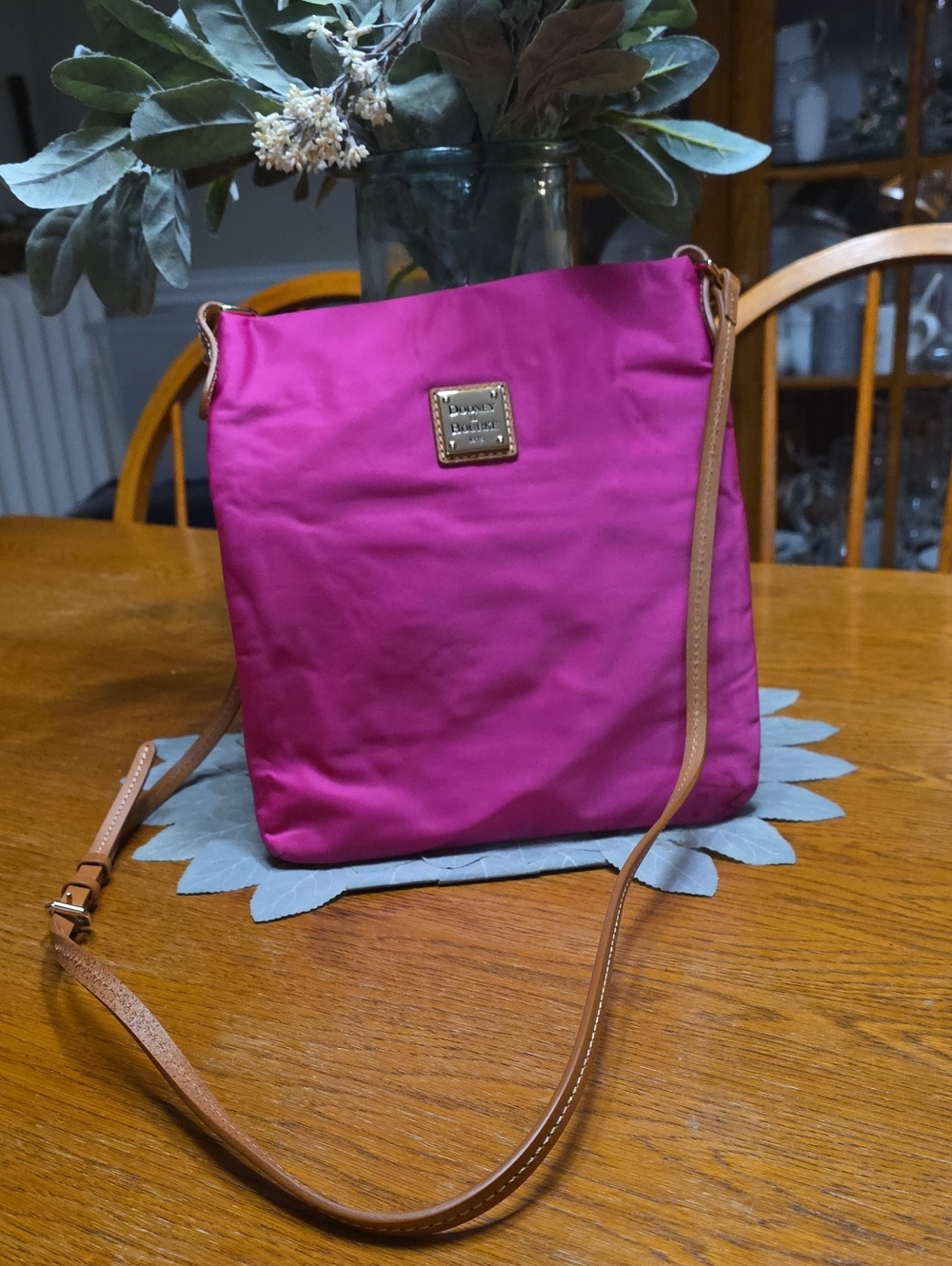 Dooney & Bourke Fuchsia Nylon Crossbody with Tan Leather Strap